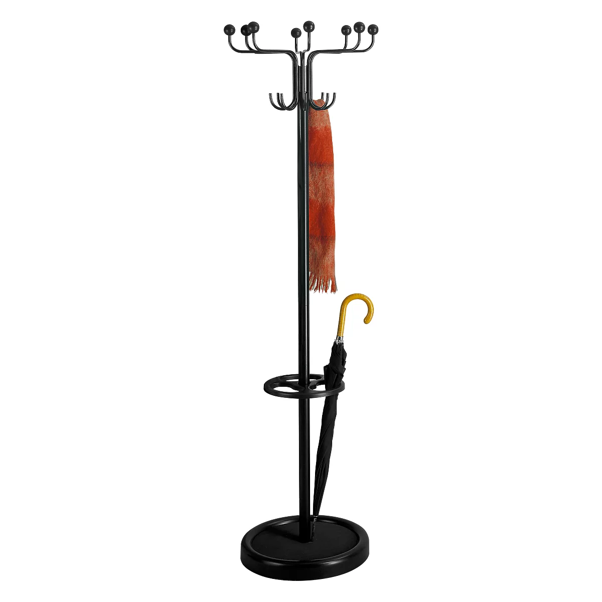 Black coat stand with umbrella and scarf. The umbrella is black with a yellow handle. The scarf is orange-red with fringes.
