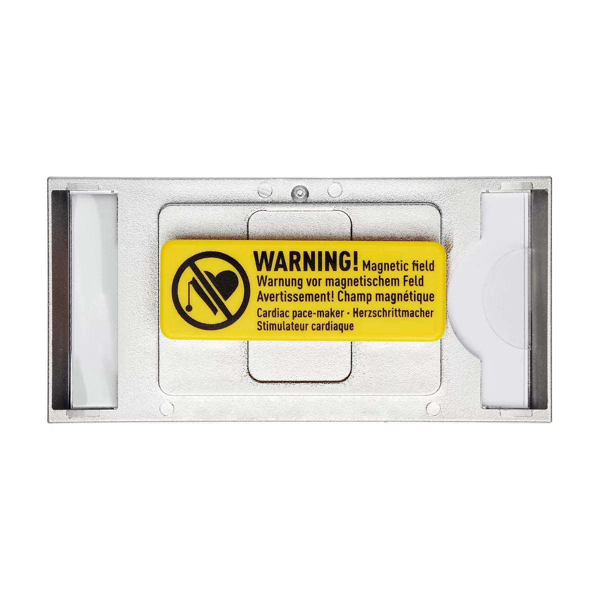 Yellow warning sign in holder with text and pictogram. Warning about magnetic field, unsuitable for pacemakers.