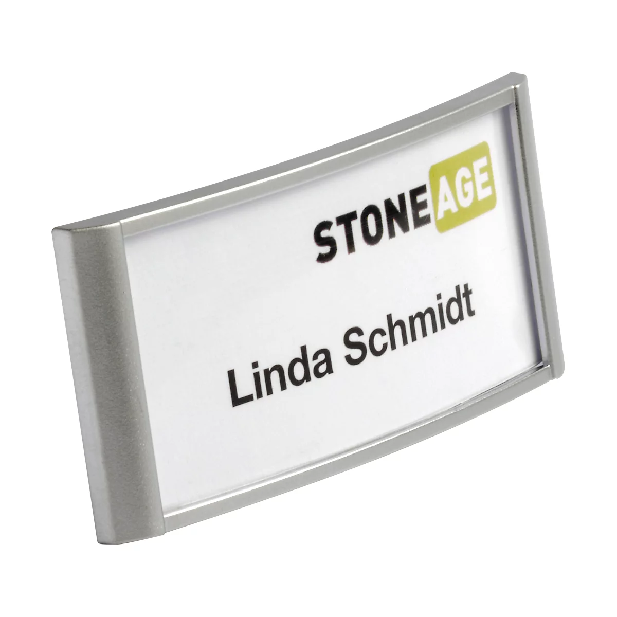 Silver name badge with a white background. It reads: "STONE AGE" and "Linda Schmidt."