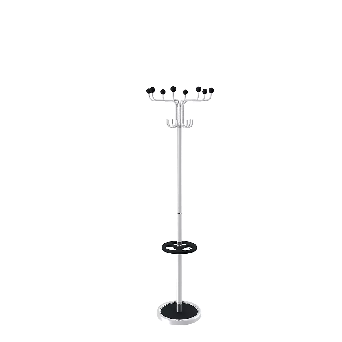 Silver coat rack with black knobs, hooks, and a round base.