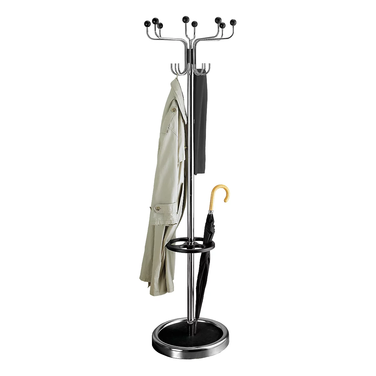 A silver coat rack with black base. A beige coat, a black scarf and an umbrella hang on it.