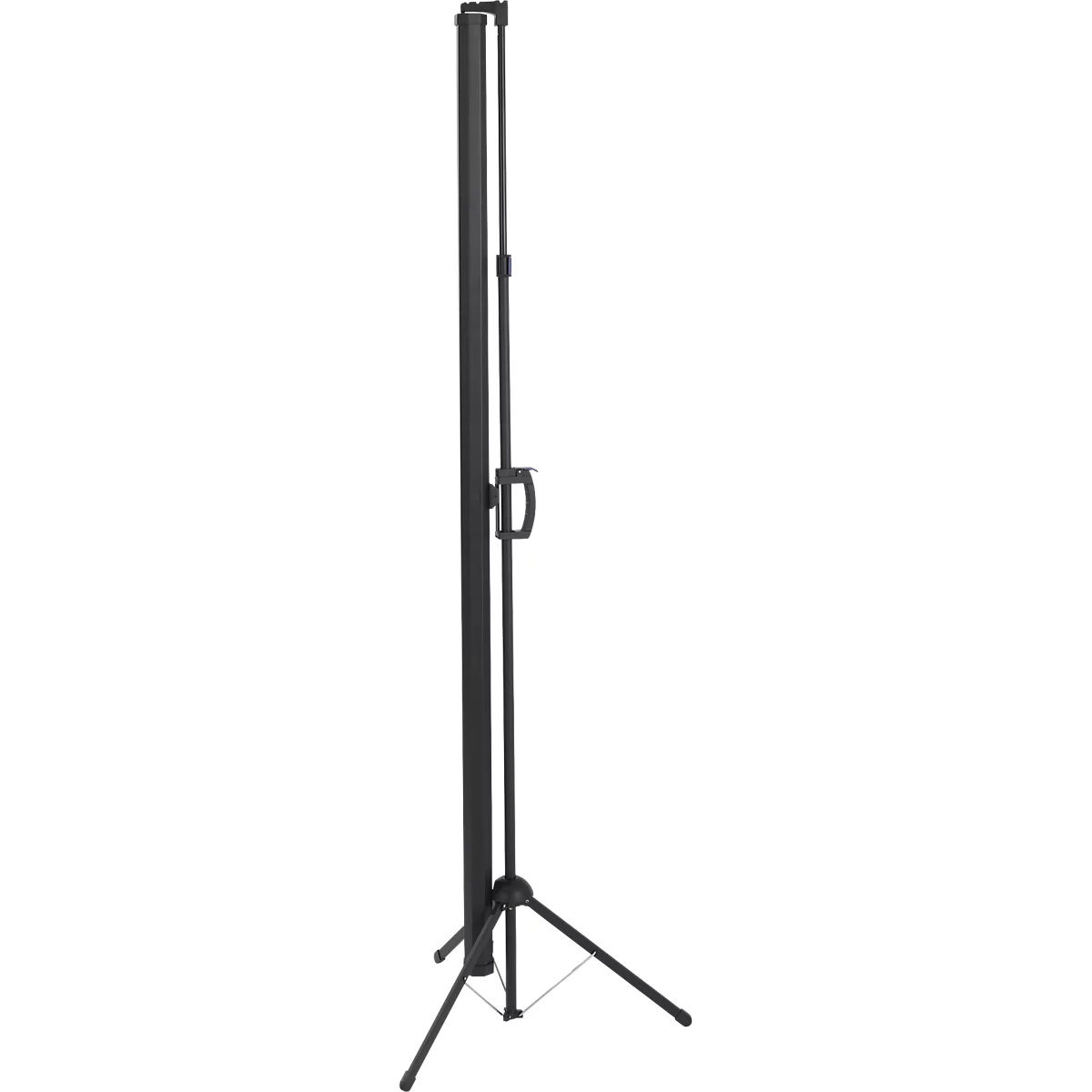 Black projector stand with tripod base. The stand is extendable and has a handle.