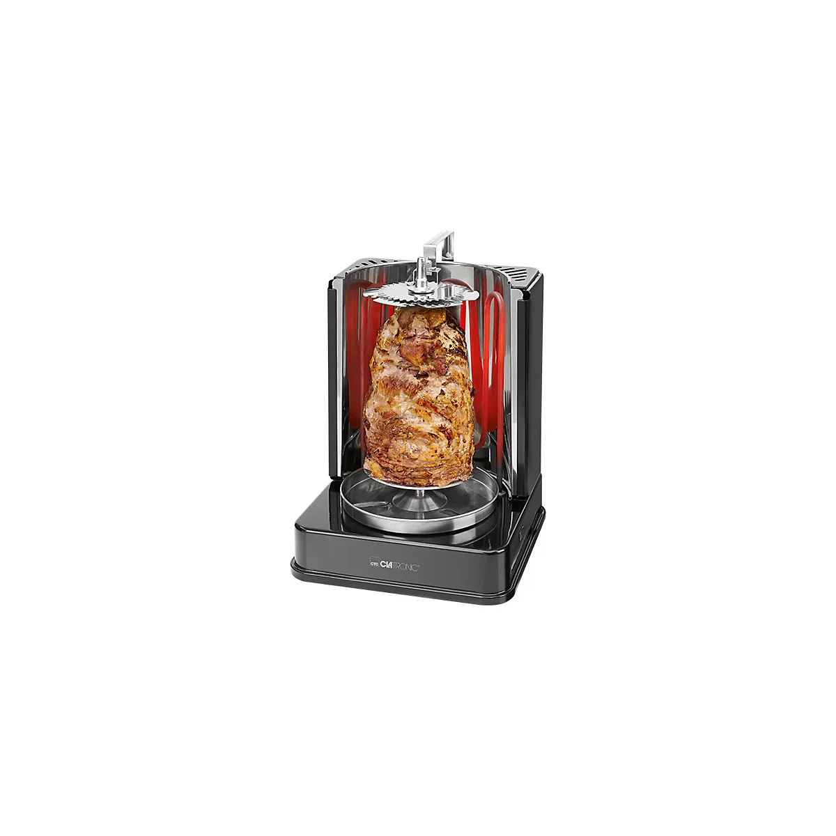 Vertikaler Dönergrill von Clatronic mit gegrilltem Fleisch am Spieß auf weißem Hintergrund.