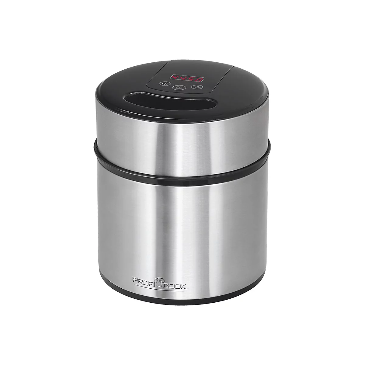 Rundes ProfiCook Vakuumiergerät aus Edelstahl mit schwarzem Deckel, digitalem Display und Bedienfeld.