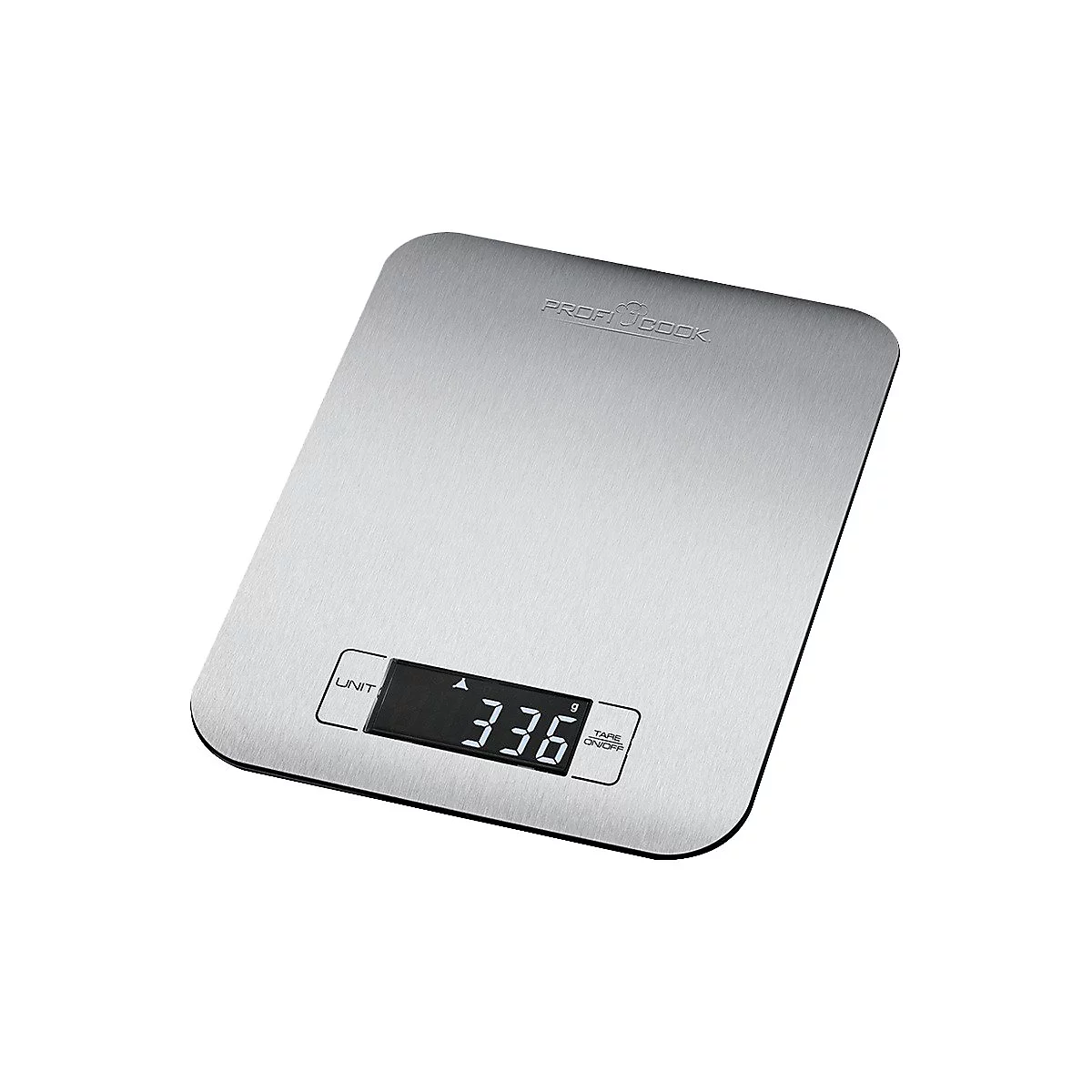 Digitale Küchenwaage aus gebürstetem Edelstahl mit schwarzem LCD-Display zeigt 336 Gramm an.