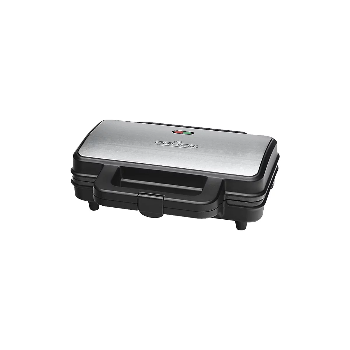 ProfiCook Sandwichmaker in Schwarz und Edelstahl vor weißem Hintergrund.