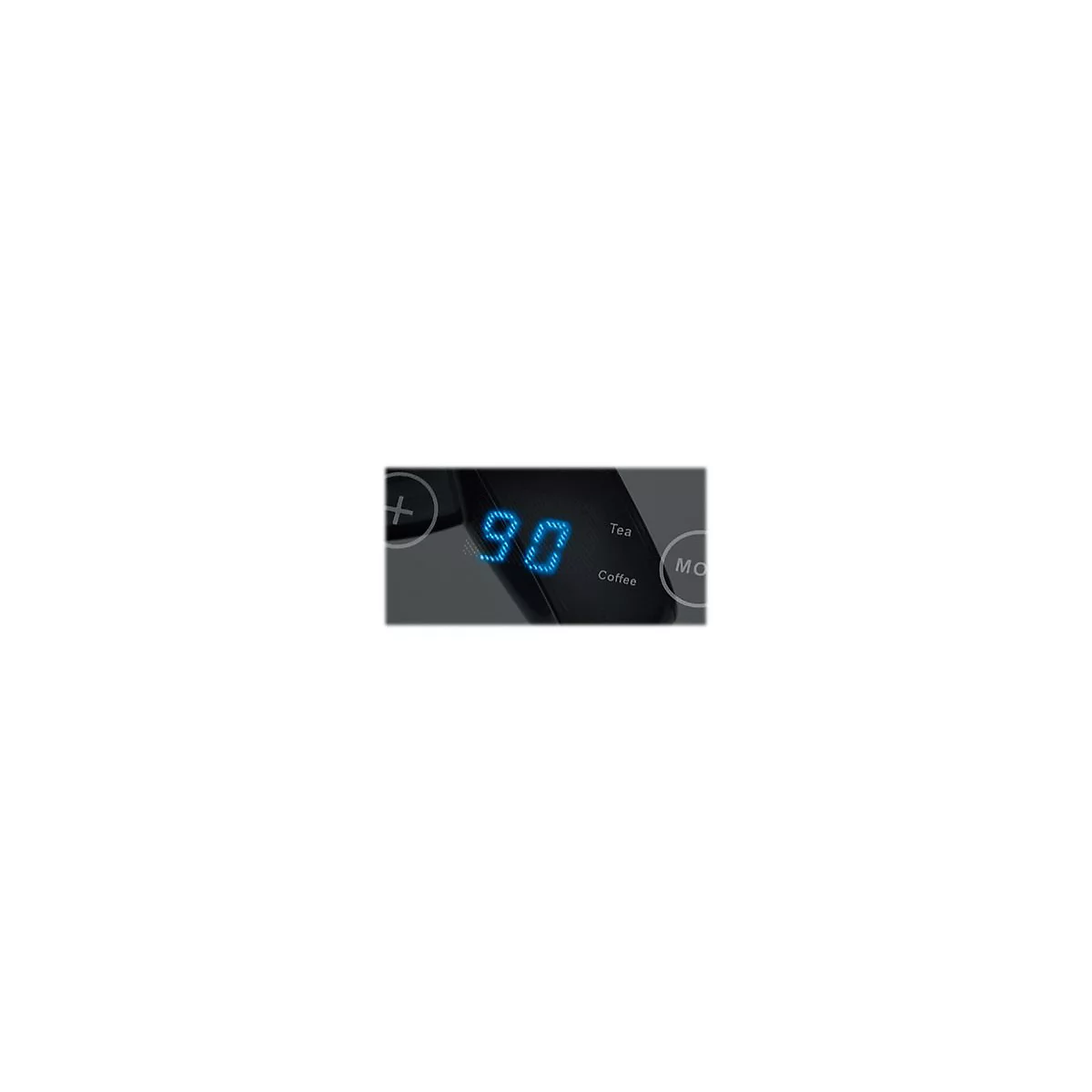 Digitales Display einer Kaffeemaschine zeigt 90 Grad an, daneben stehen die Beschriftungen Tea und Coffee.