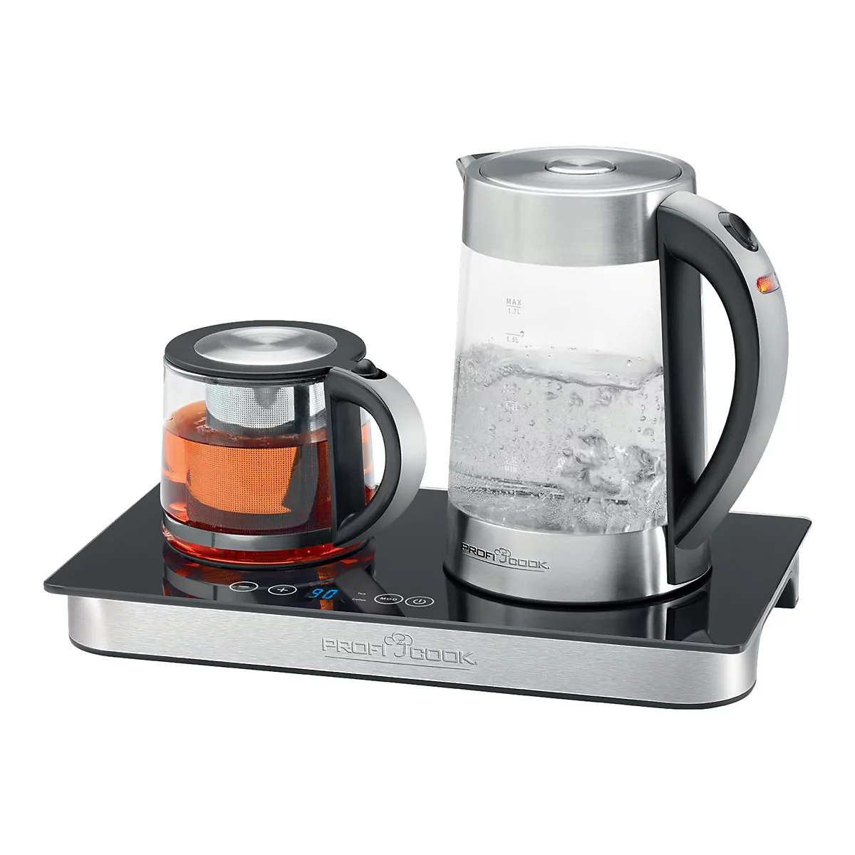 Tee- und Wasserkocher-Set mit Glasgefäßen auf einer digitalen Heizstation von ProfiCook.