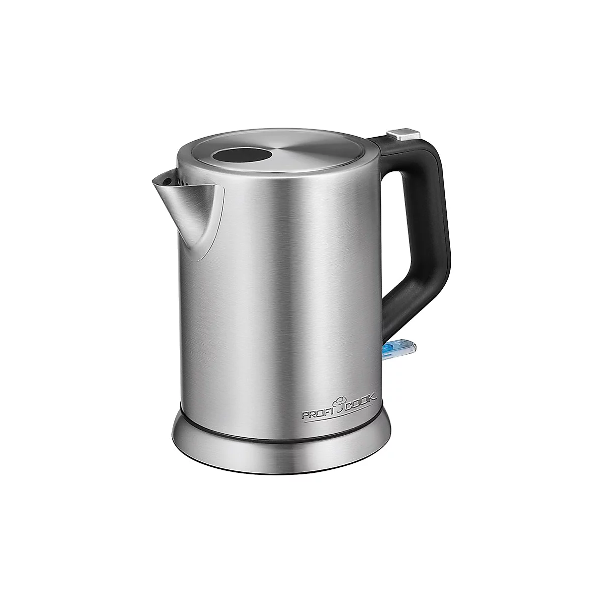 Moderner, zylindrischer Wasserkocher aus gebürstetem Edelstahl mit schwarzem Griff und Logo.