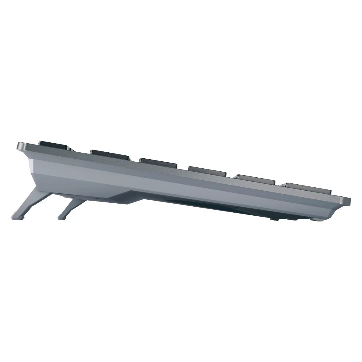 Clavier gris clair vu de côté. Les pieds réglables sont visibles.