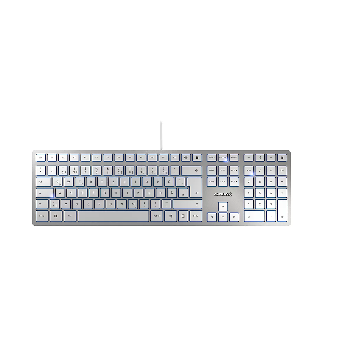 Clavier KC 6000 Slim Cherry, QWERTZ, 105 + 6 touches, LED d'état pour VERROUILLAGE MAJUSCULE, NUM & SCROLL, argenté