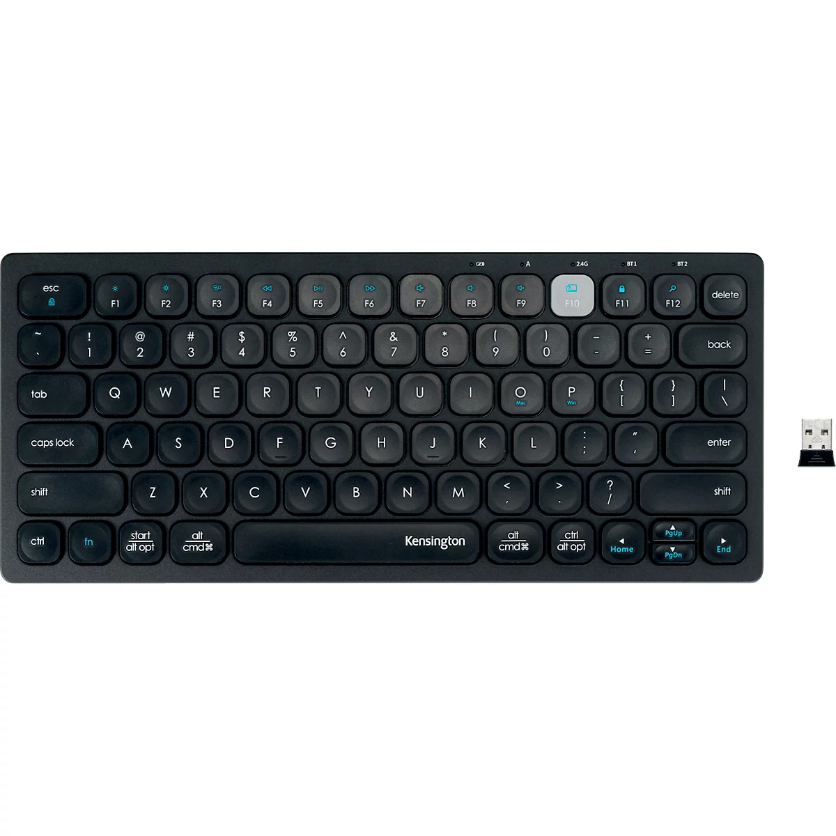 Clavier noir sans fil avec un récepteur USB.