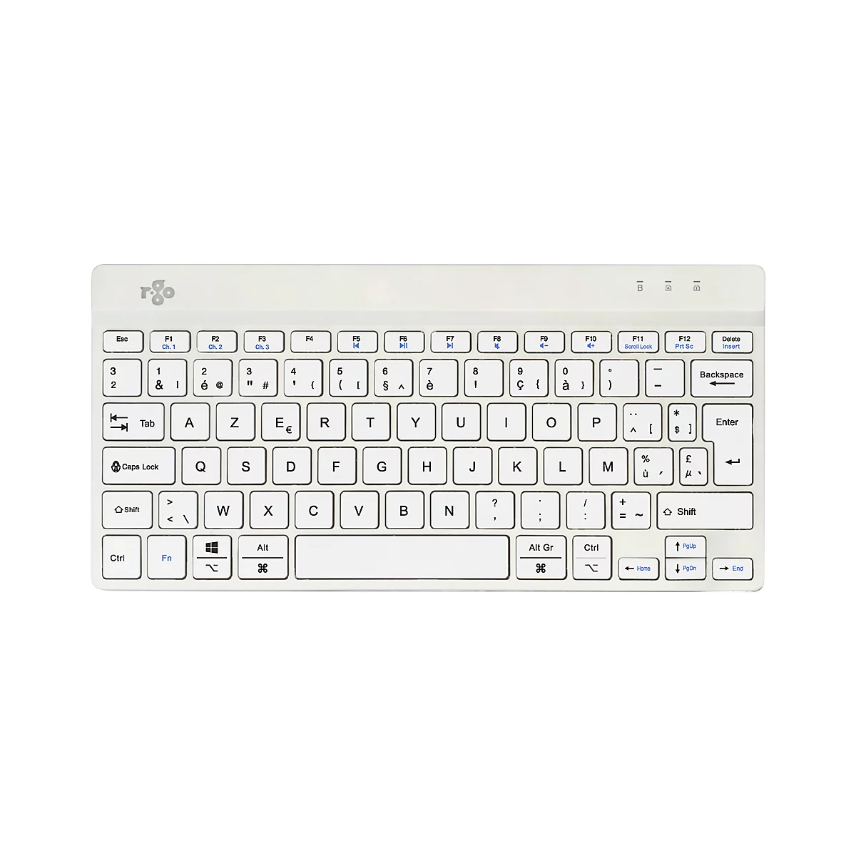 Clavier blanc clair avec disposition française, lettres, chiffres et caractères spéciaux. Logo en haut à gauche.