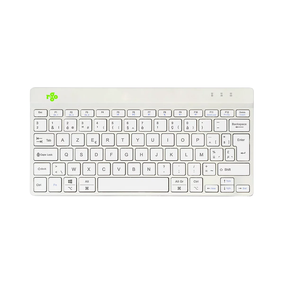 Vue de dessus d'un clavier blanc avec des lettres françaises.