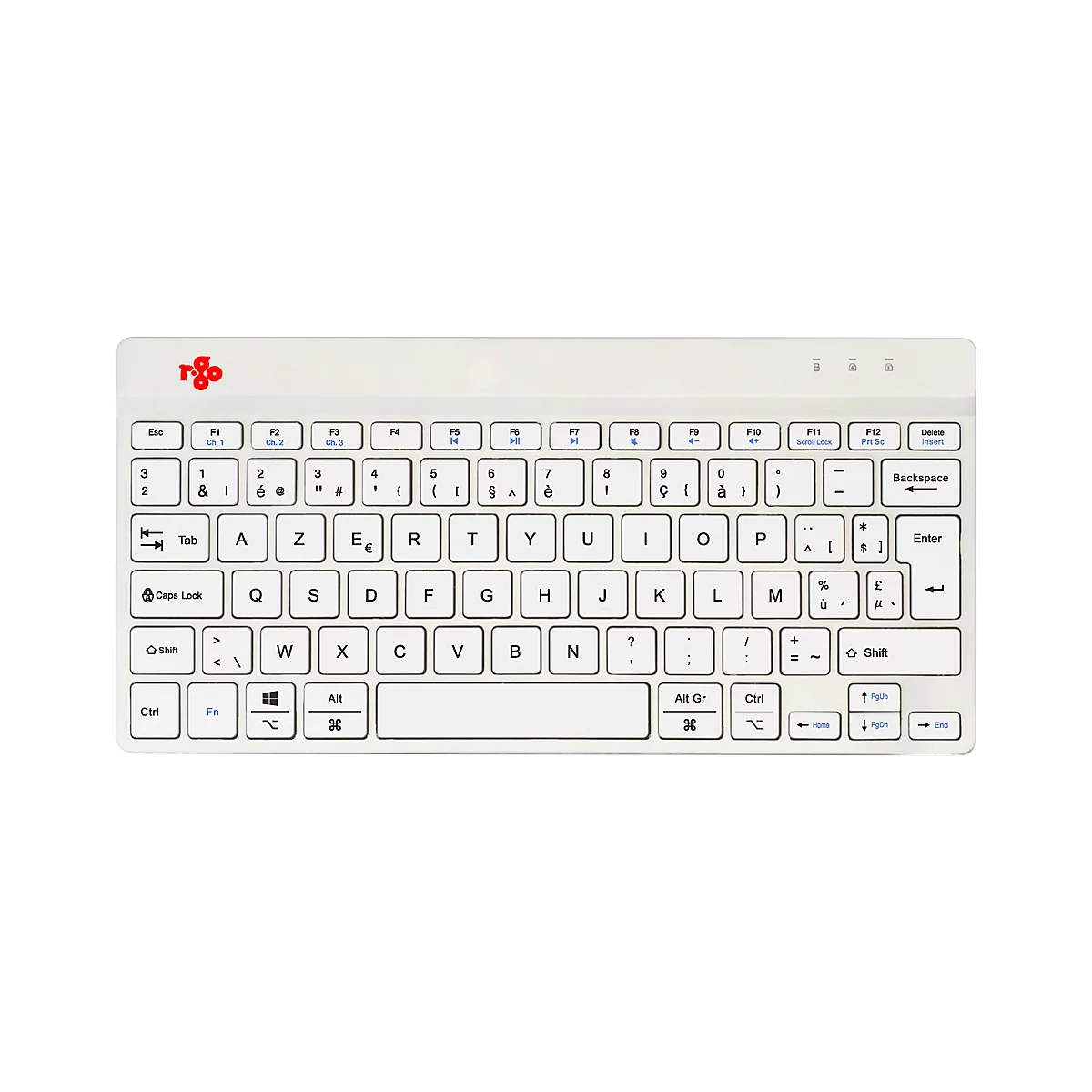 Clavier gris clair avec des lettres françaises. Un logo en rouge est dans le coin supérieur gauche. Les touches sont blanches avec des lettres noires.