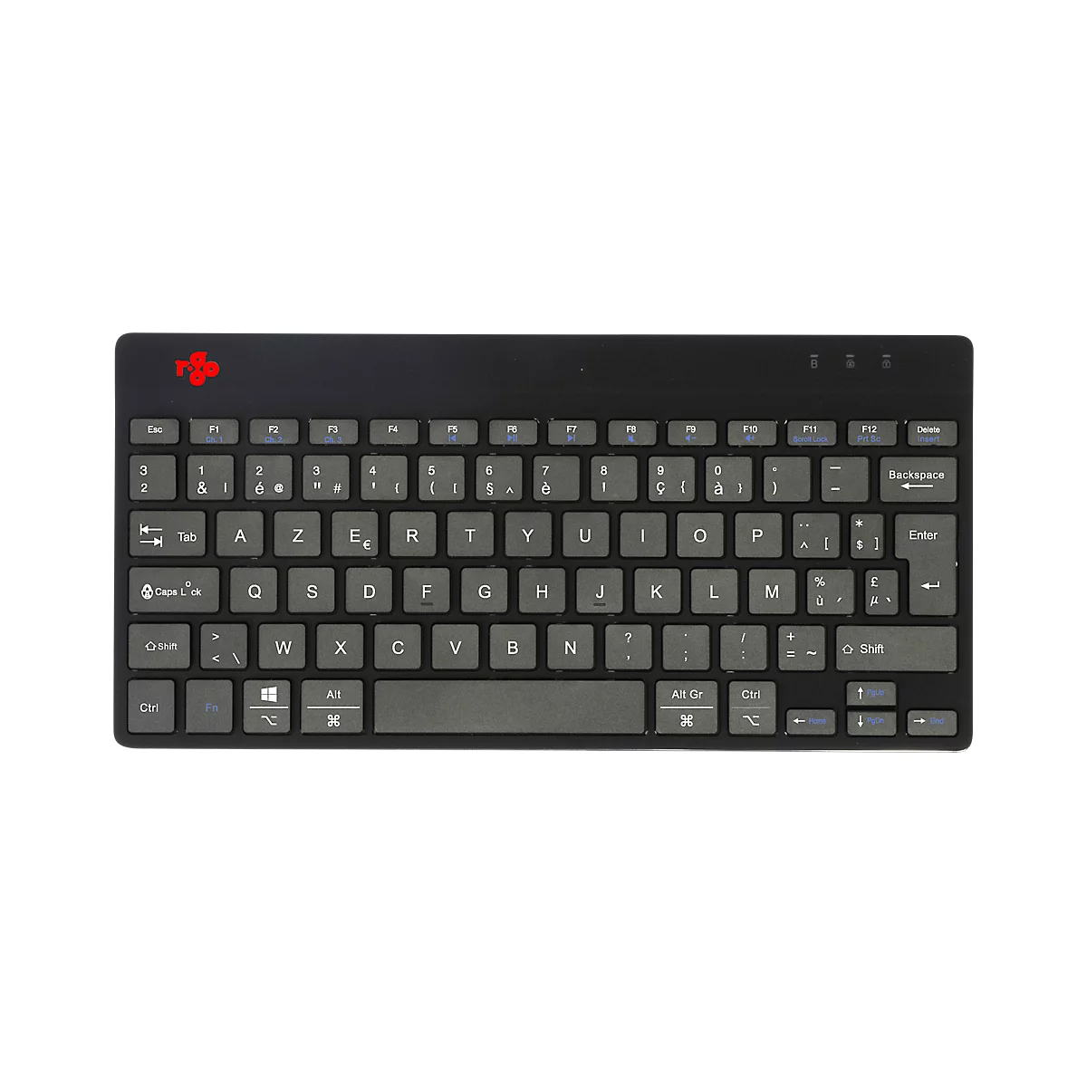 Clavier noir avec lettres blanches. Logo de croix rouge en haut à gauche. Disposition du clavier : AZERTY.