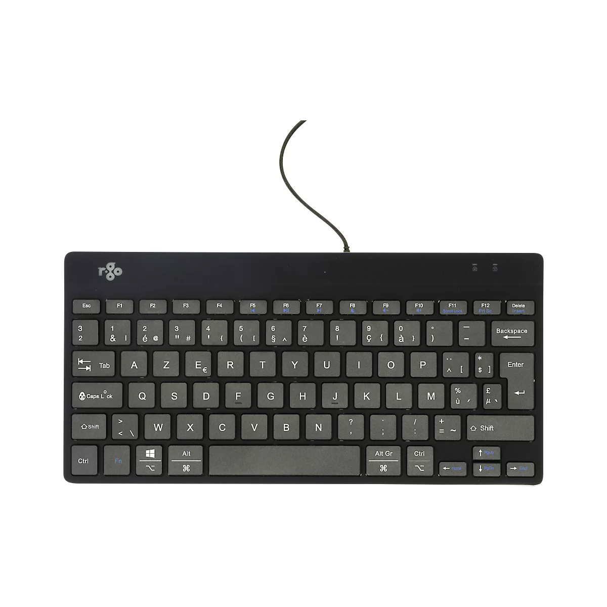 Clavier noir compact avec touches grises. Le câble est fixé en haut au centre.
