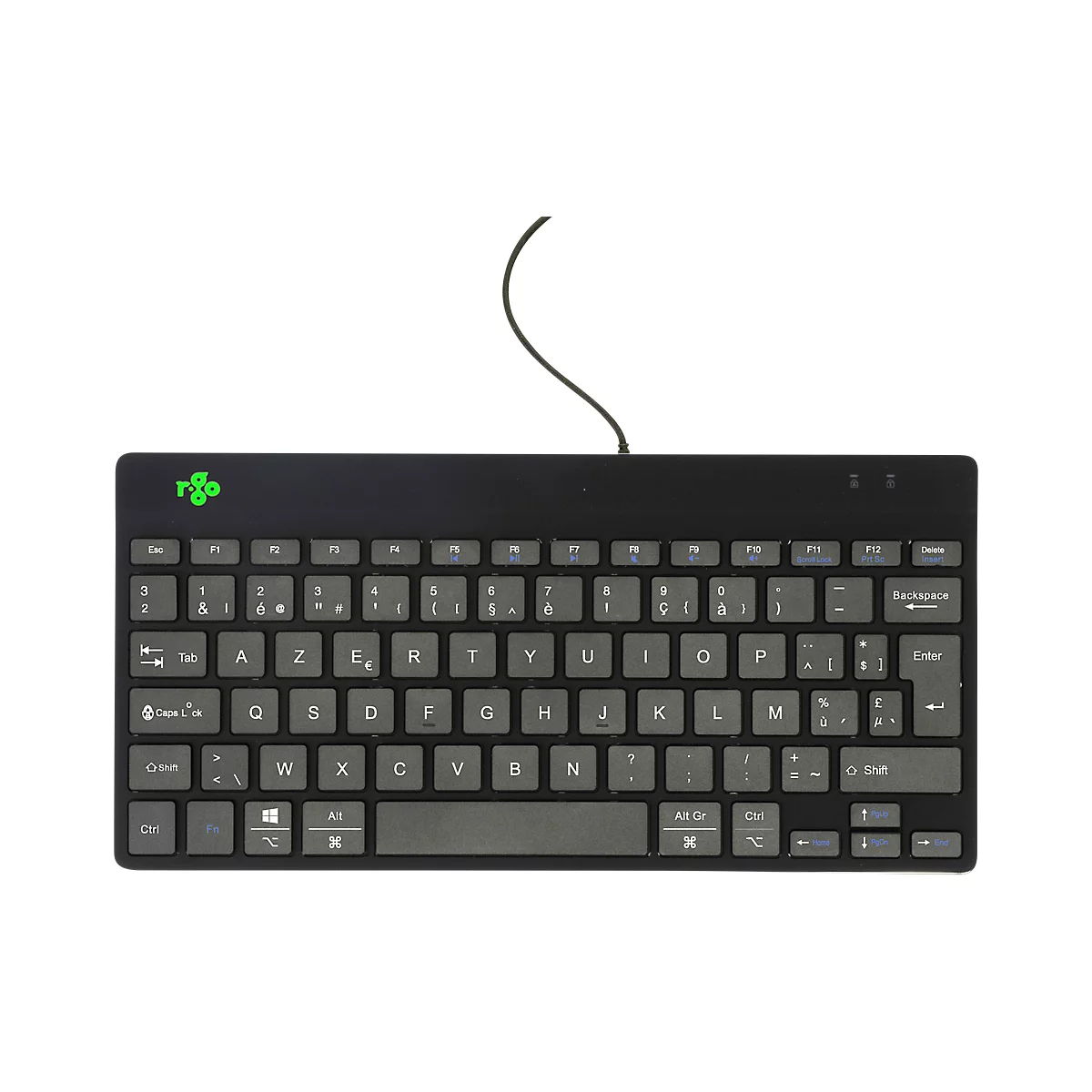 Clavier compact noir avec touches grises, connexion par câble et logo vert de l'entreprise.