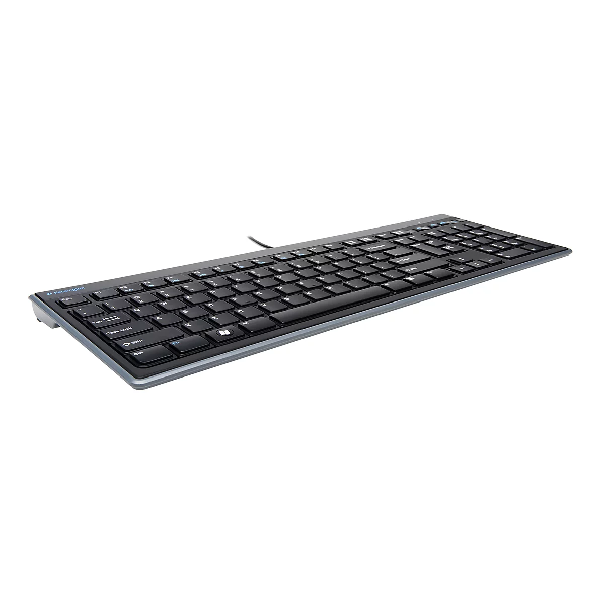 Clavier USB Kensington Advance Fit™ K72357DE, modèle allemand en taille réelle, pieds repliables à 30°, avec câble USB, noir mat