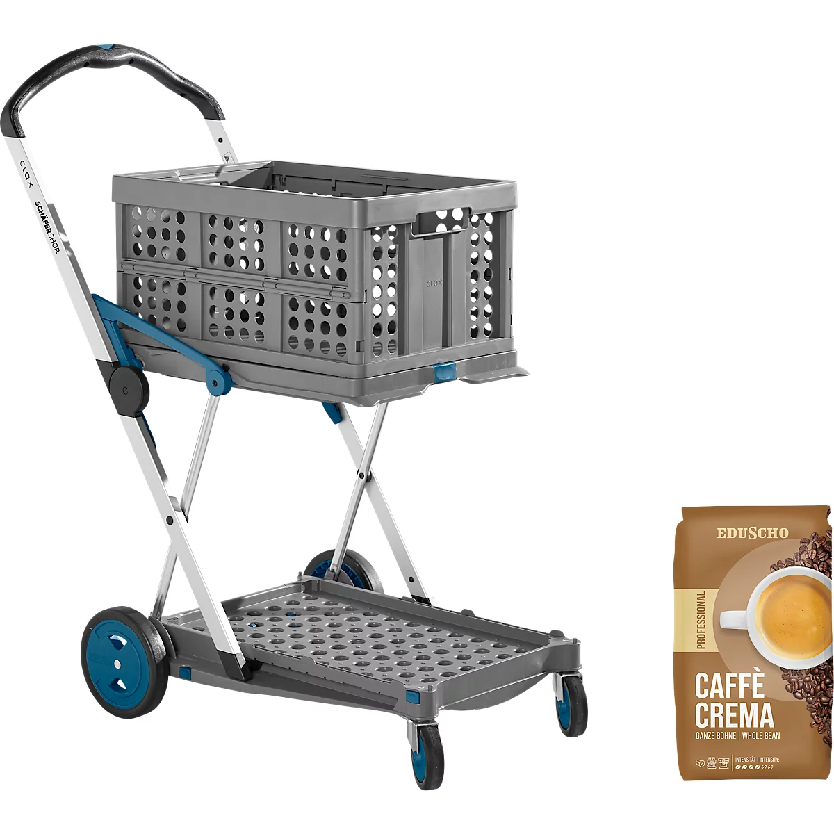 Grauer Einkaufstrolley mit Tasche. Daneben eine Kaffeepackung mit Aufdruck Caffè Crema.