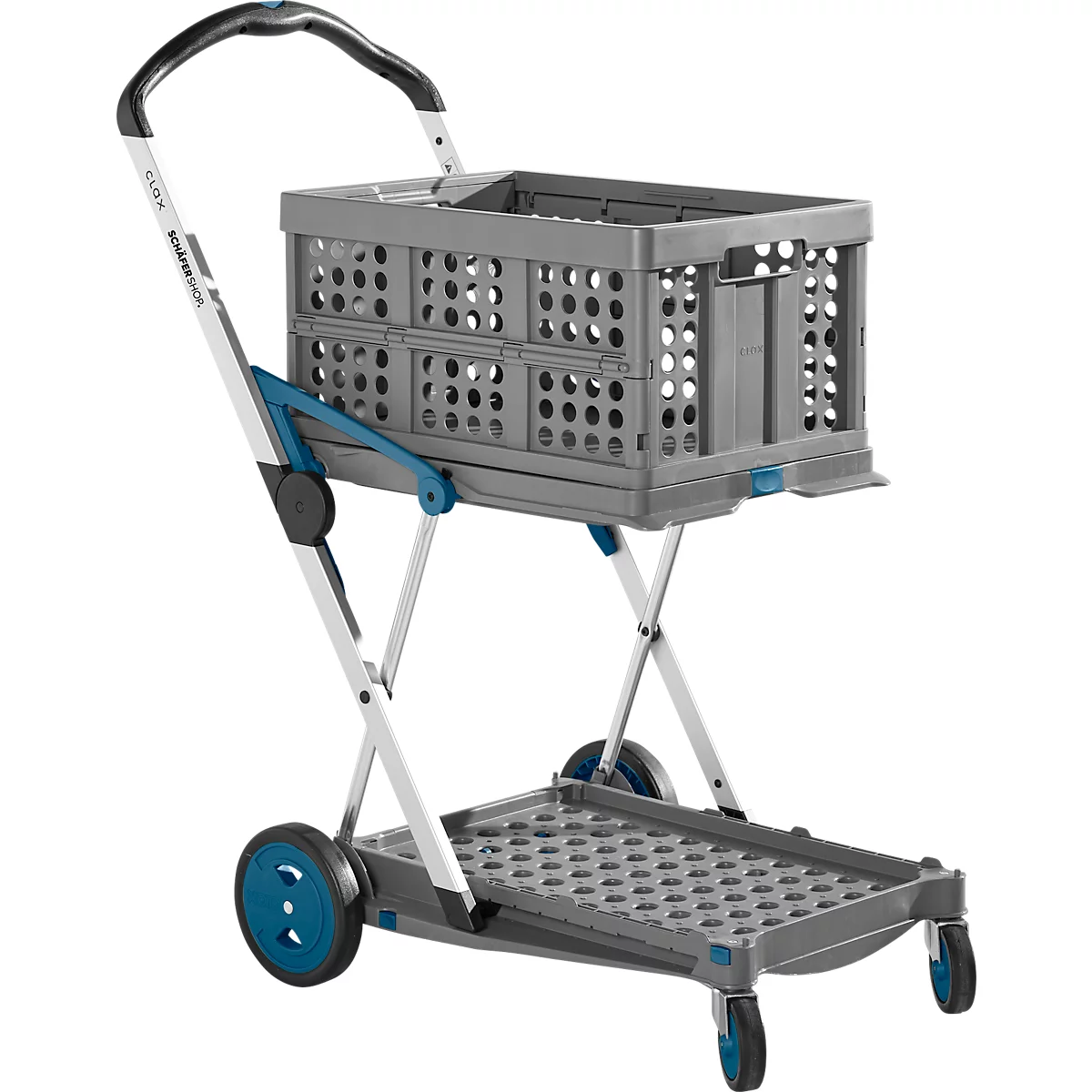 Chariot de courses pliable gris avec caisse grise, cadre et roues bleus. Poignée noire en haut.