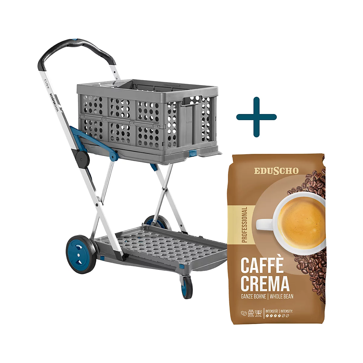 Chariot de courses gris avec des accents bleus et un paquet de café. Un signe plus les relie.