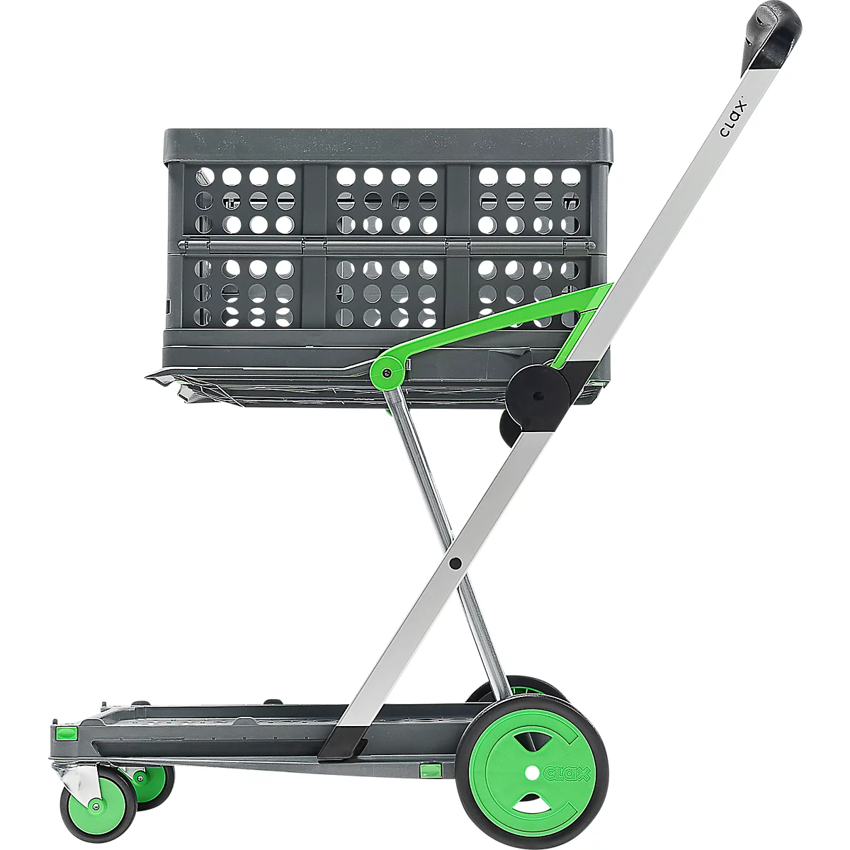 CLAX® móvil plegable, 2 estantes, carga máx. 60 kg, ruedas giratorias y fijas, incl. caja plegable de 46 l, aluminio y plástico, gris/verde