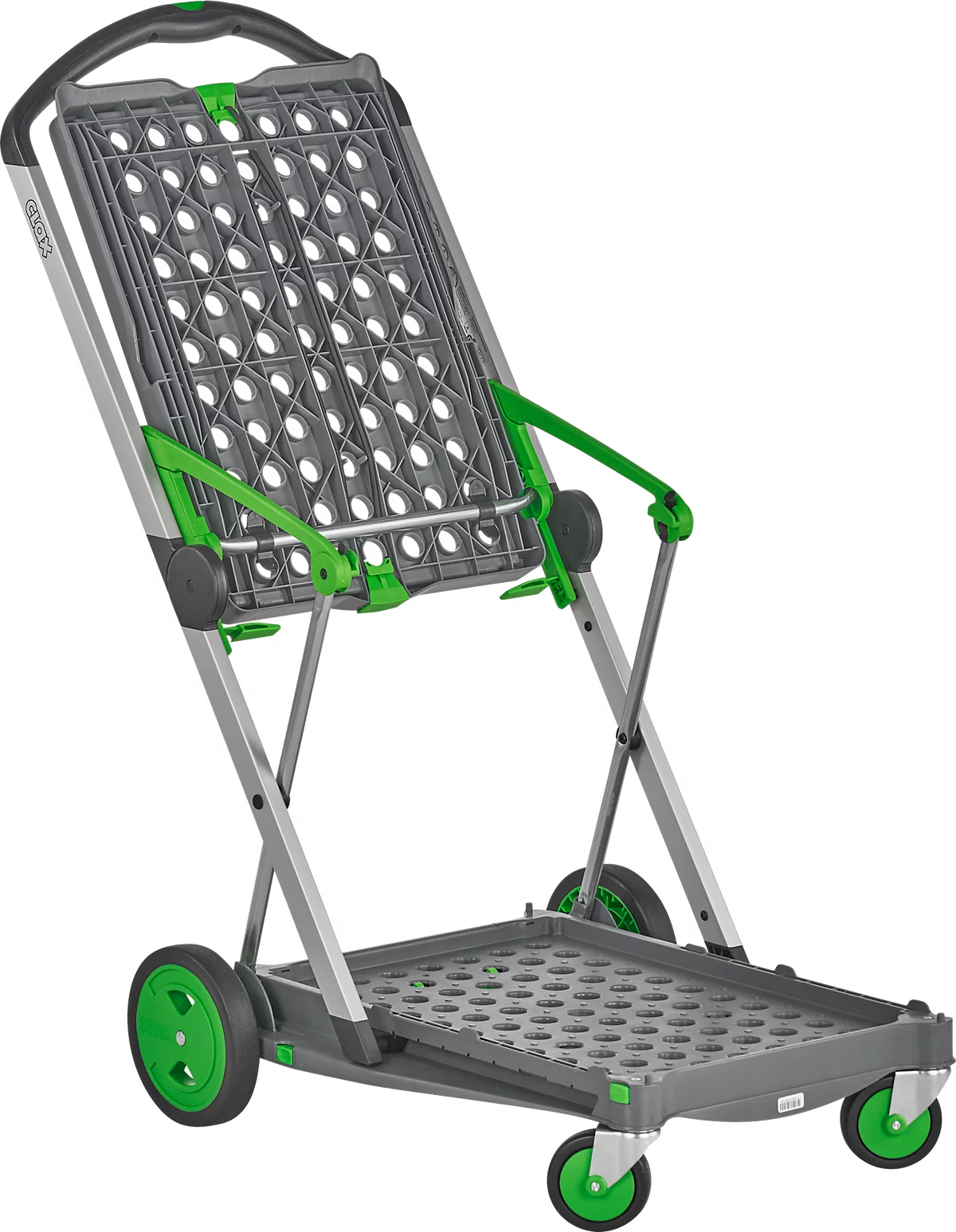 CLAX® móvil plegable, 2 estantes, carga máx. 60 kg, ruedas giratorias y fijas, incl. caja plegable de 46 l, aluminio y plástico, gris/verde