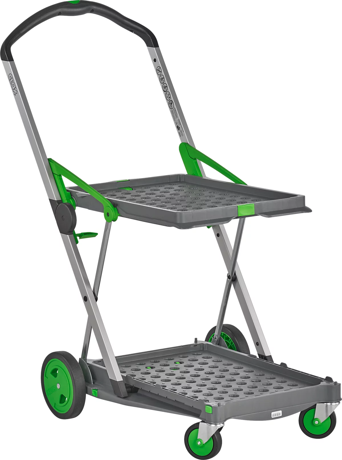 CLAX® móvil plegable, 2 estantes, carga máx. 60 kg, ruedas giratorias y fijas, incl. caja plegable de 46 l, aluminio y plástico, gris/verde