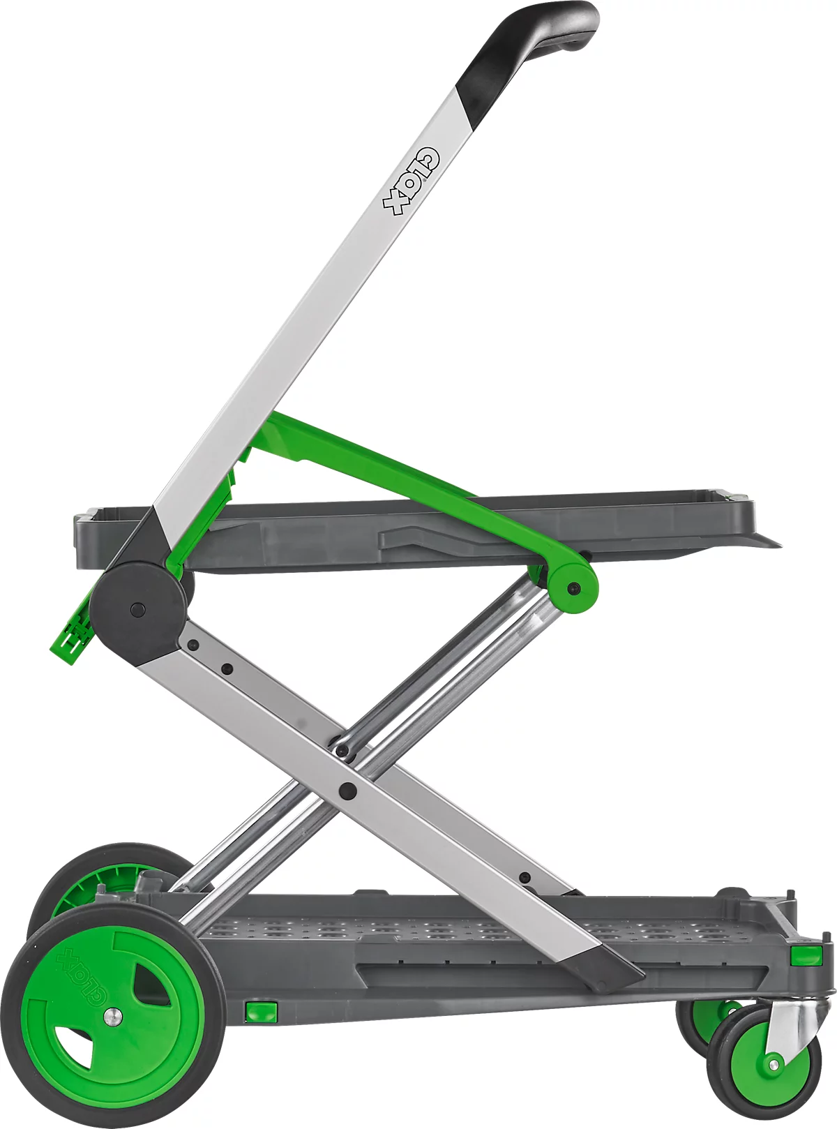 CLAX® móvil plegable, 2 estantes, carga máx. 60 kg, ruedas giratorias y fijas, incl. caja plegable de 46 l, aluminio y plástico, gris/verde