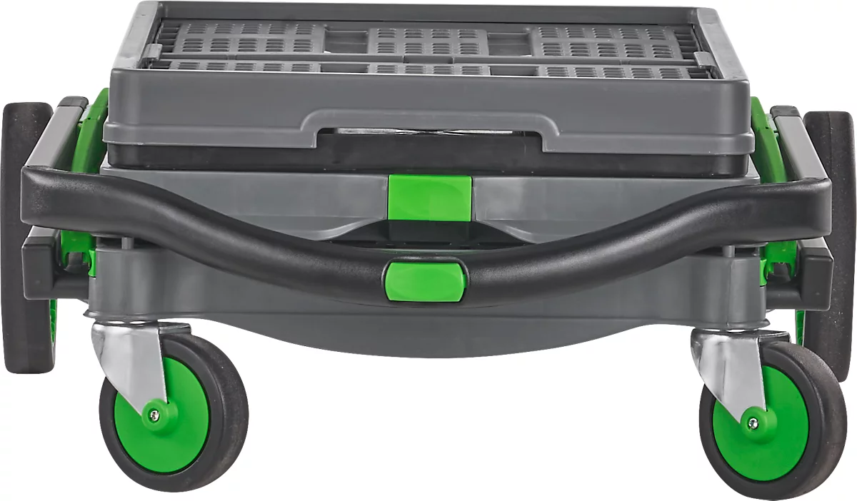 CLAX® móvil plegable, 2 estantes, carga máx. 60 kg, ruedas giratorias y fijas, incl. caja plegable de 46 l, aluminio y plástico, gris/verde