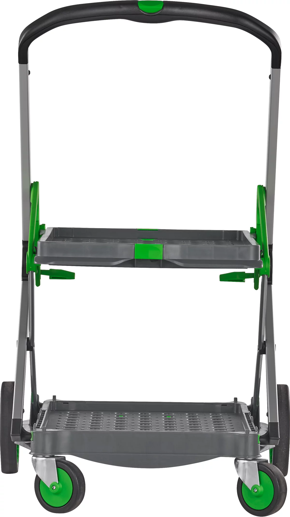 CLAX® móvil plegable, 2 estantes, carga máx. 60 kg, ruedas giratorias y fijas, incl. caja plegable de 46 l, aluminio y plástico, gris/verde