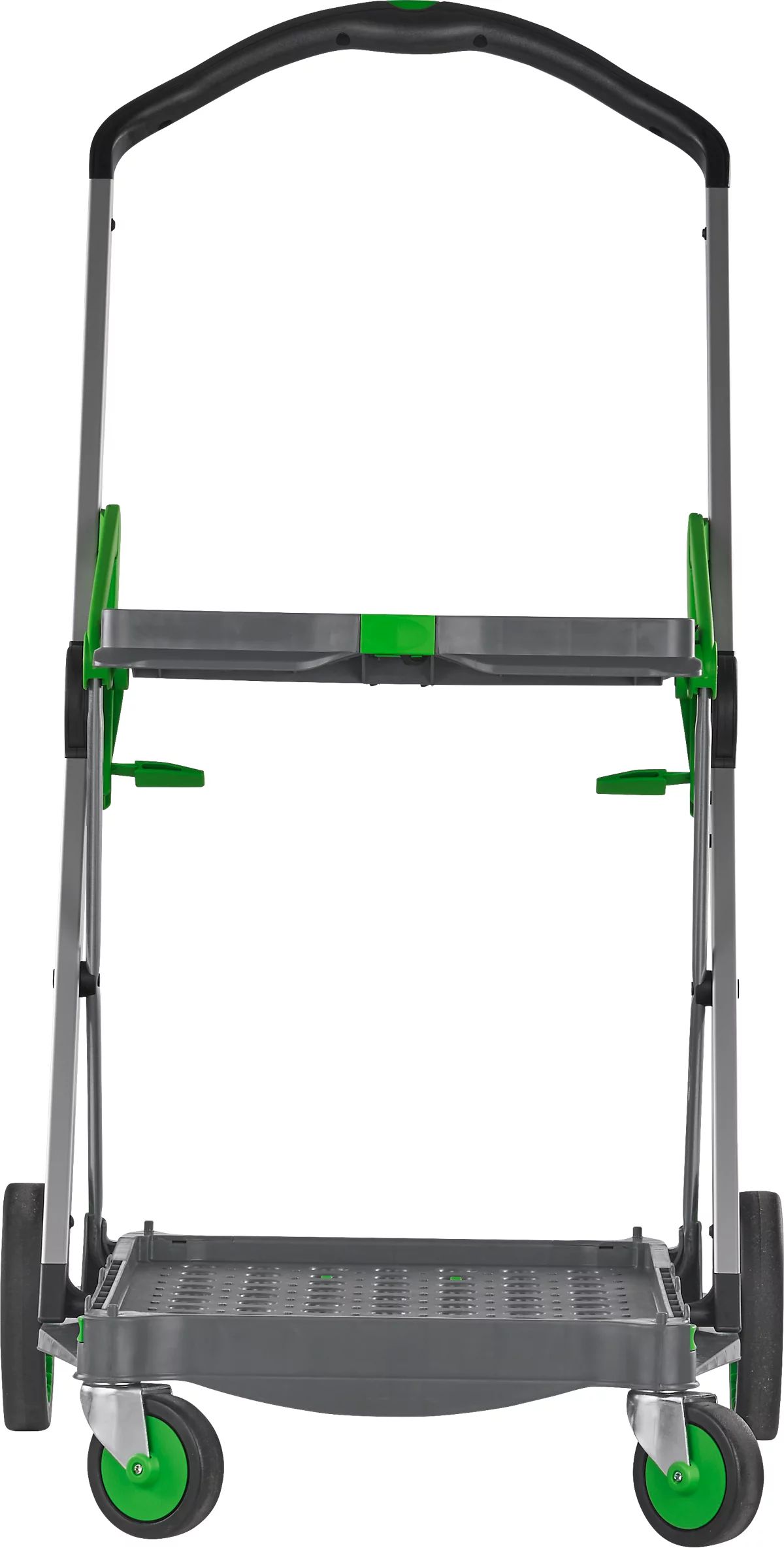 CLAX® móvil plegable, 2 estantes, carga máx. 60 kg, ruedas giratorias y fijas, incl. caja plegable de 46 l, aluminio y plástico, gris/verde