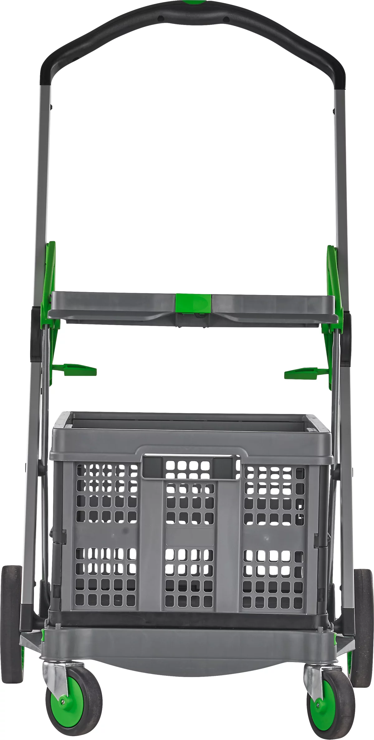 CLAX® móvil plegable, 2 estantes, carga máx. 60 kg, ruedas giratorias y fijas, incl. caja plegable de 46 l, aluminio y plástico, gris/verde