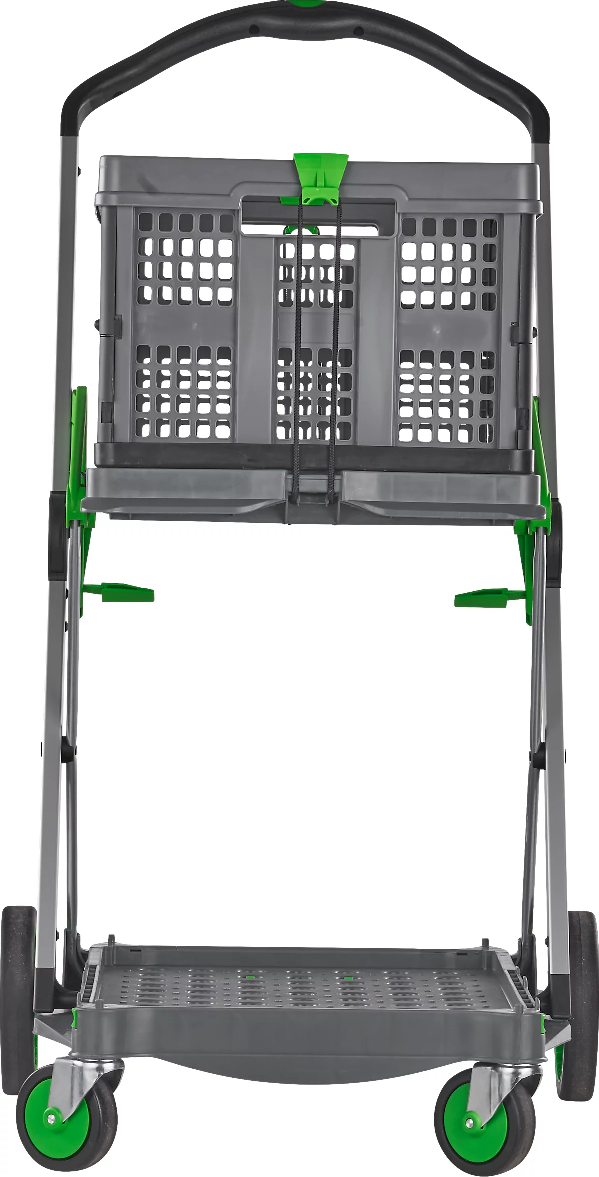 CLAX® móvil plegable, 2 estantes, carga máx. 60 kg, ruedas giratorias y fijas, incl. caja plegable de 46 l, aluminio y plástico, gris/verde