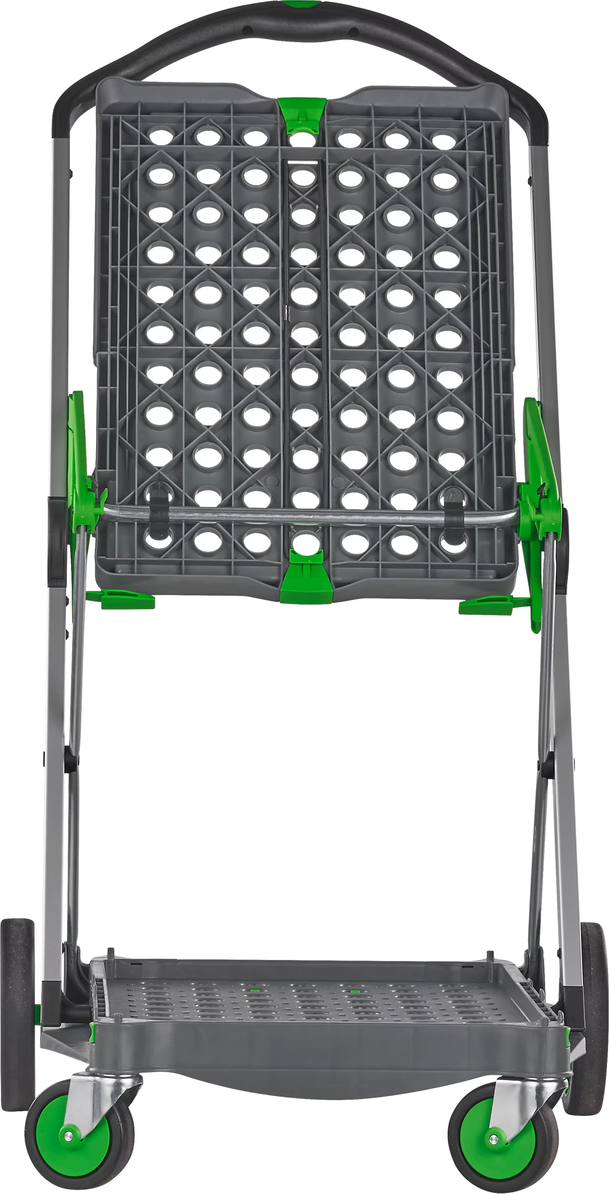 CLAX® móvil plegable, 2 estantes, carga máx. 60 kg, ruedas giratorias y fijas, incl. caja plegable de 46 l, aluminio y plástico, gris/verde