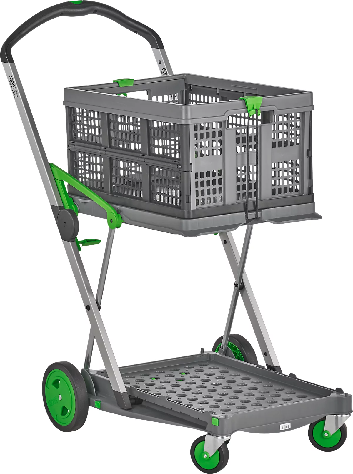 CLAX® móvil plegable, 2 estantes, carga máx. 60 kg, ruedas giratorias y fijas, incl. caja plegable de 46 l, aluminio y plástico, gris/verde