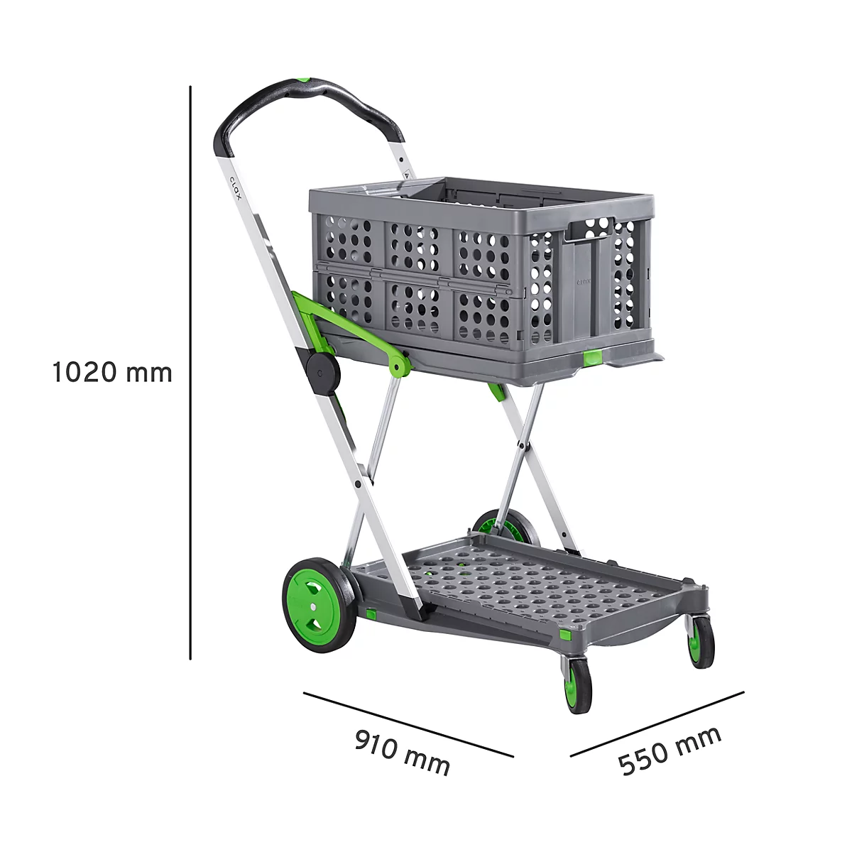 CLAX® móvil plegable, 2 estantes, carga máx. 60 kg, ruedas giratorias y fijas, incl. caja plegable de 46 l, aluminio y plástico, gris/verde