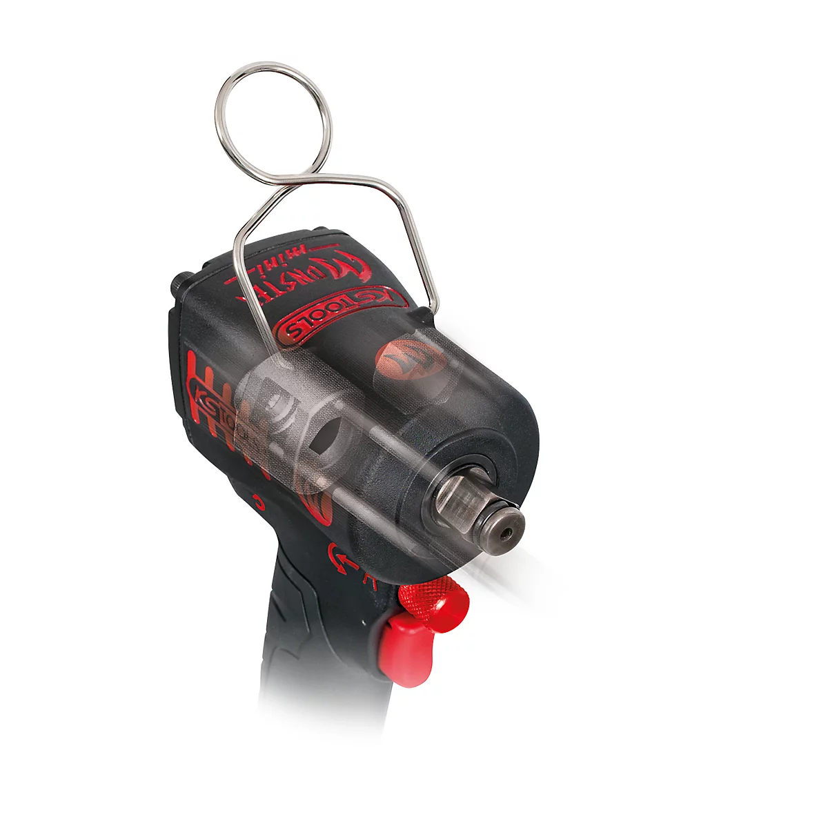Clé à chocs noire et rouge avec boîtier transparent, poignée en métal et bouton rouge. Le nom de la marque est visible en rouge sur l'appareil.