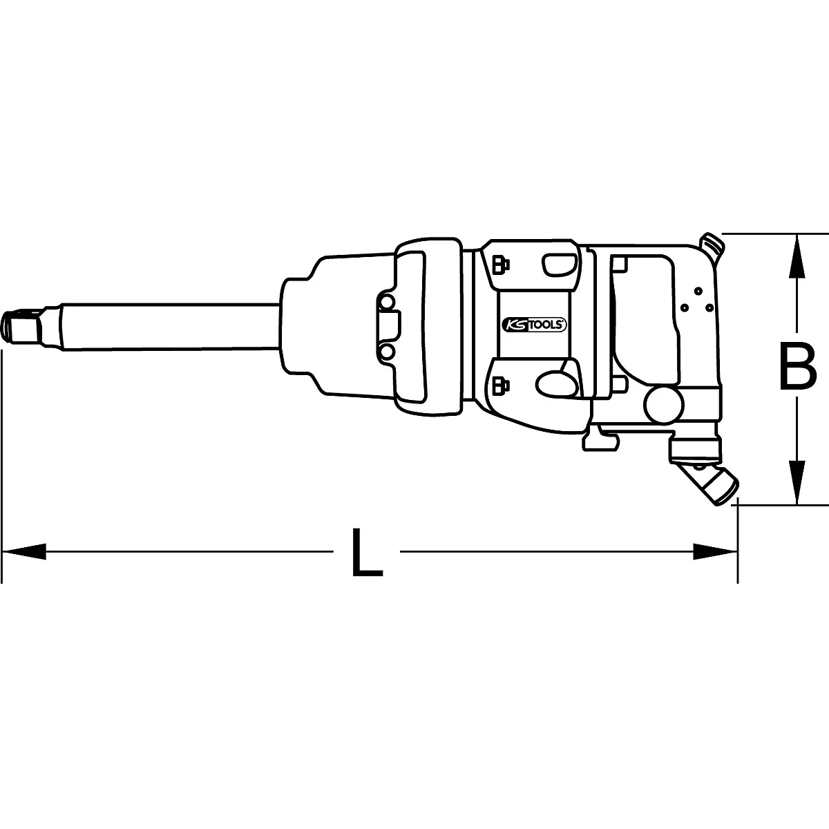 Illustration en noir et blanc d'une clé à chocs avec les dimensions L et B.