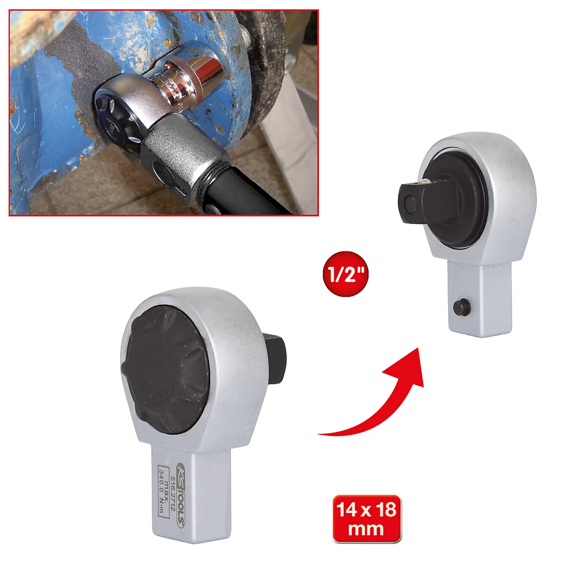 Trois images d'une clé à cliquet : gros plan, indication de taille 1/2 pouce, indication de taille 14 x 18 mm. Une clé sur une base à vis.