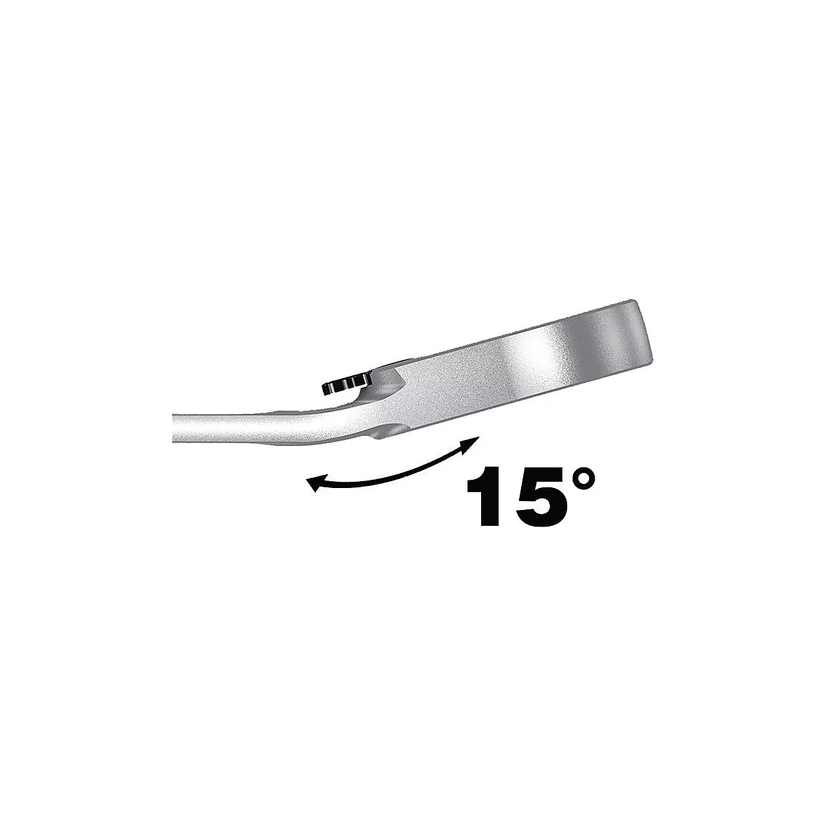 Composant métallique gris avec flèche et indication d'angle de 15 degrés.