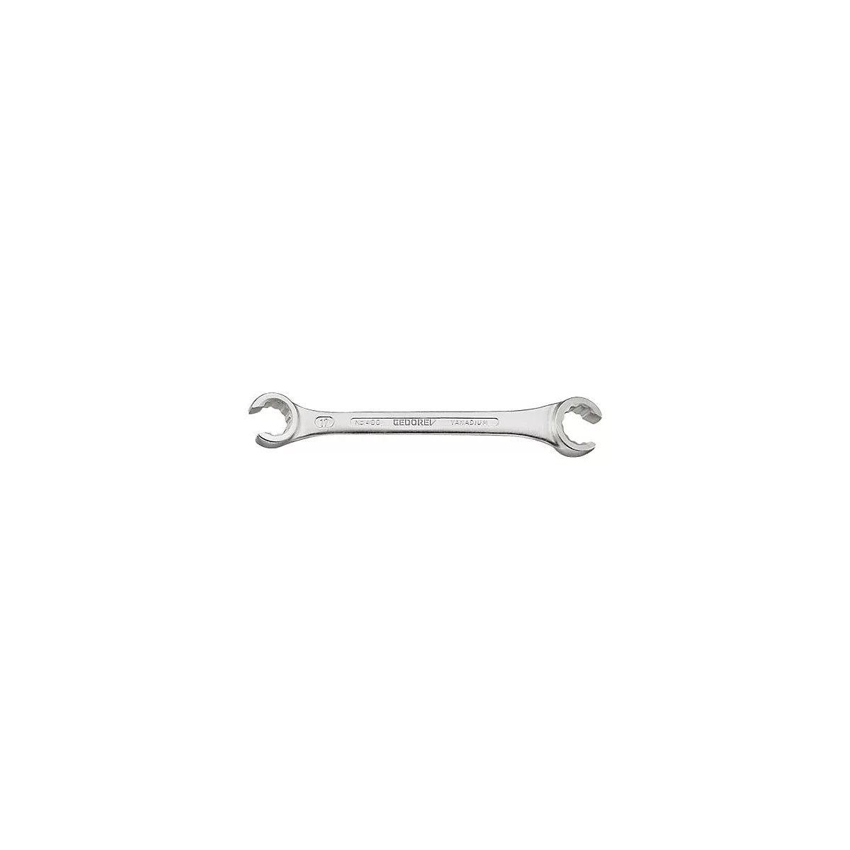 Clé à œil argentée avec extrémités dentées. Inscription : Gedore Vanadium.
