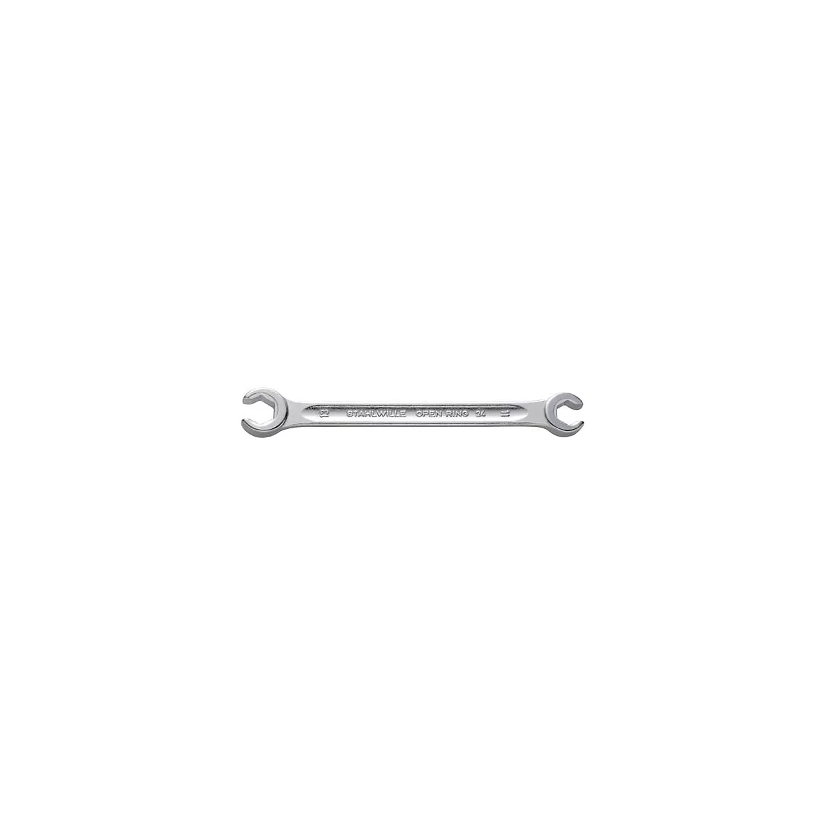 Une clé à double extrémité métallique. "STAHLWILLE OPEN RING 12 11" est gravé sur la partie centrale.