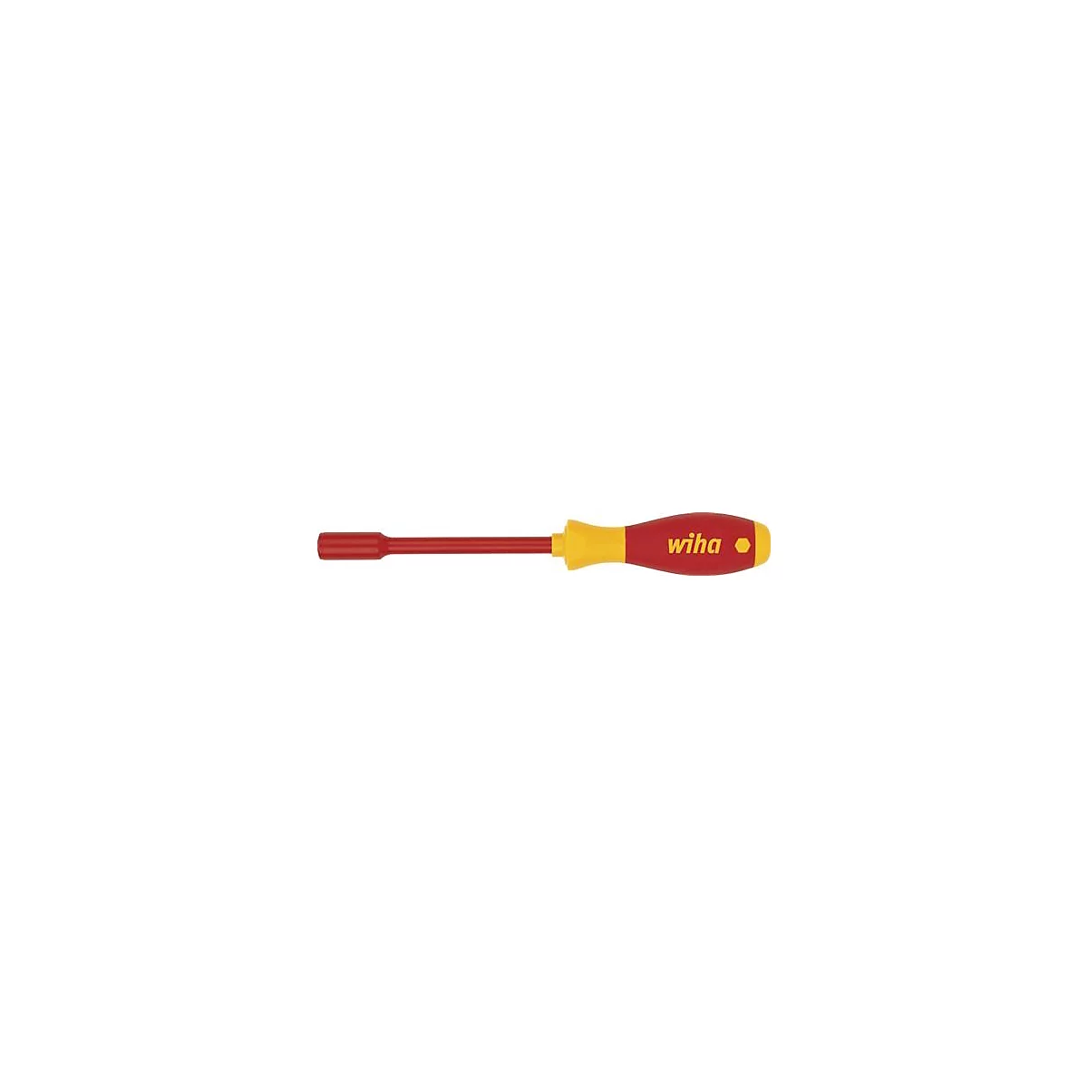 Une clé à douille rouge avec une poignée jaune sur laquelle est inscrit "wiha".