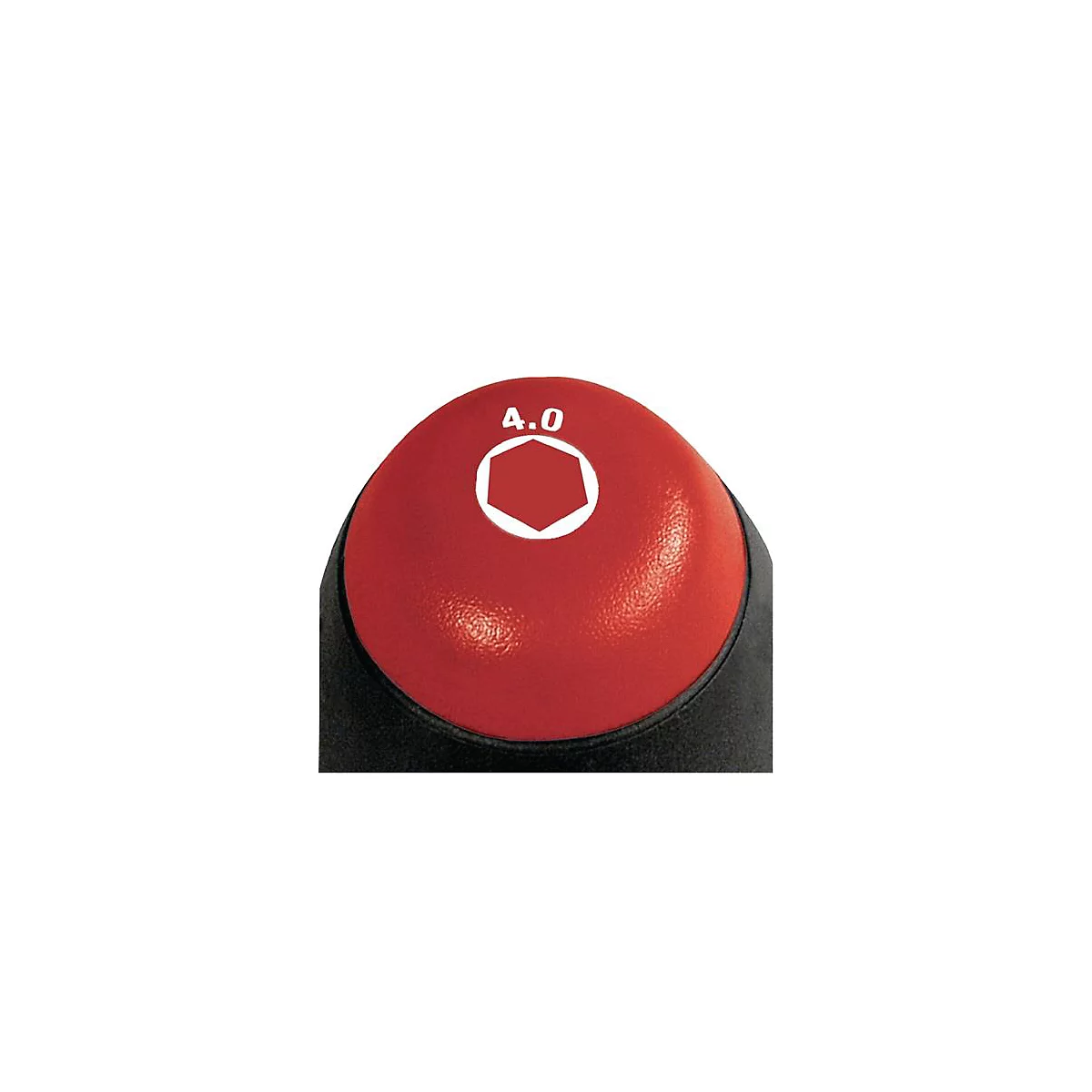 Gros plan d'une tête de tournevis rouge avec une ouverture hexagonale blanche et l'impression "4.0".