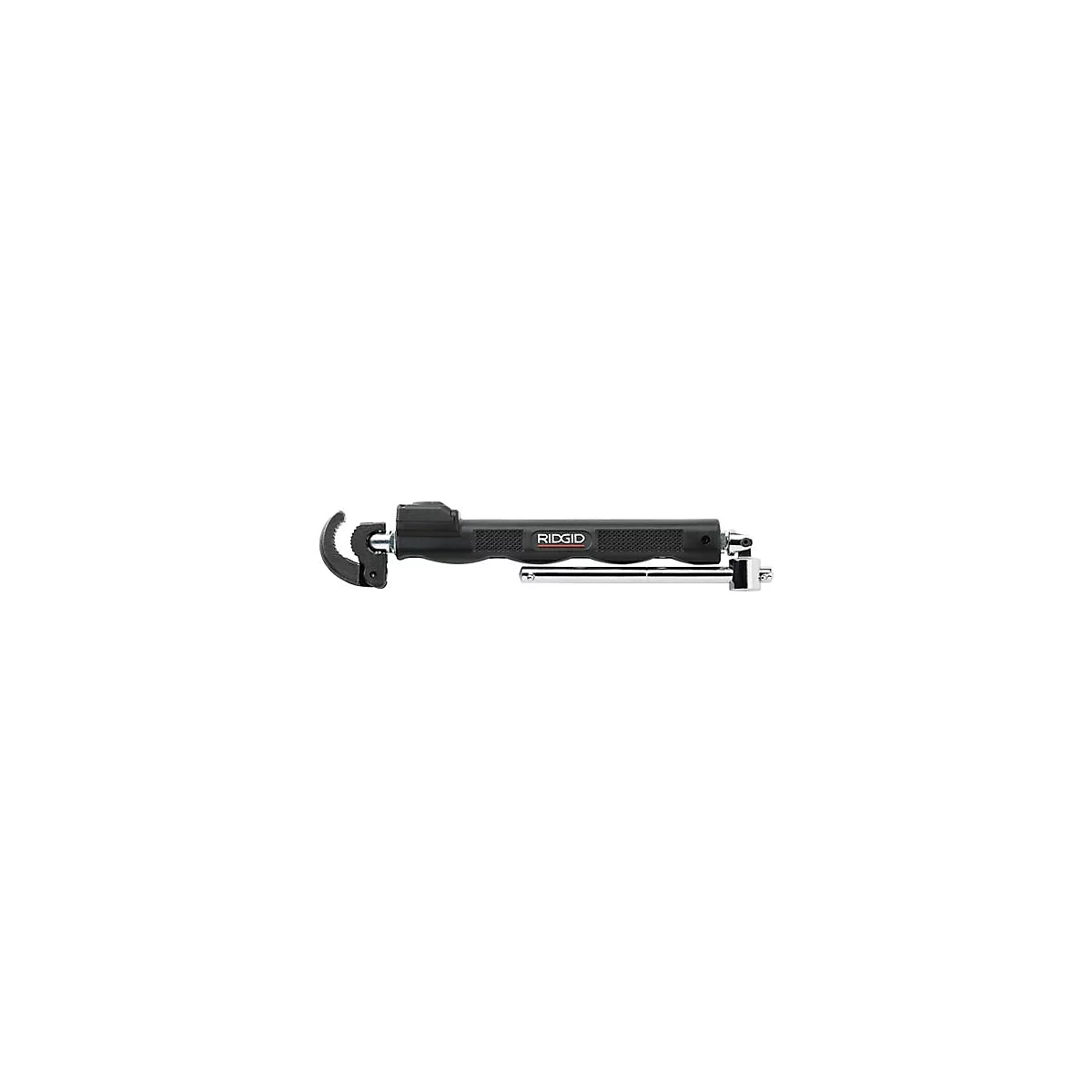 Une clé à molette RIDGID noire sur fond blanc. La clé a une poignée noire, une mâchoire et un bras chromé.