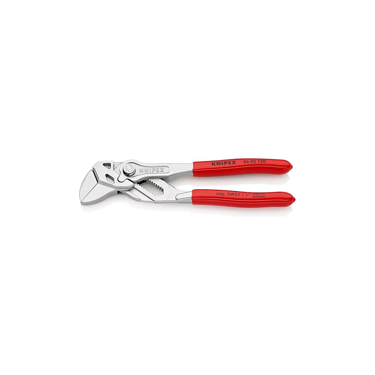 Pince Knipex avec poignées rouges. Des informations sont imprimées sur les poignées.