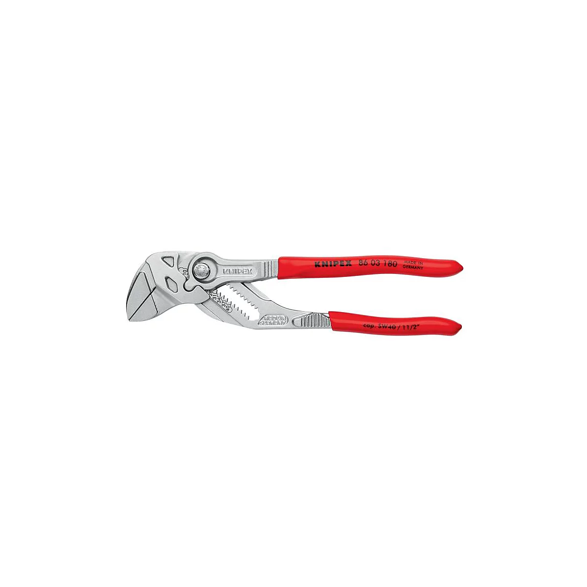 Une pince multiprise Knipex avec des poignées rouges, en acier, le texte "KNIPEX" et "56 03 180" est visible.