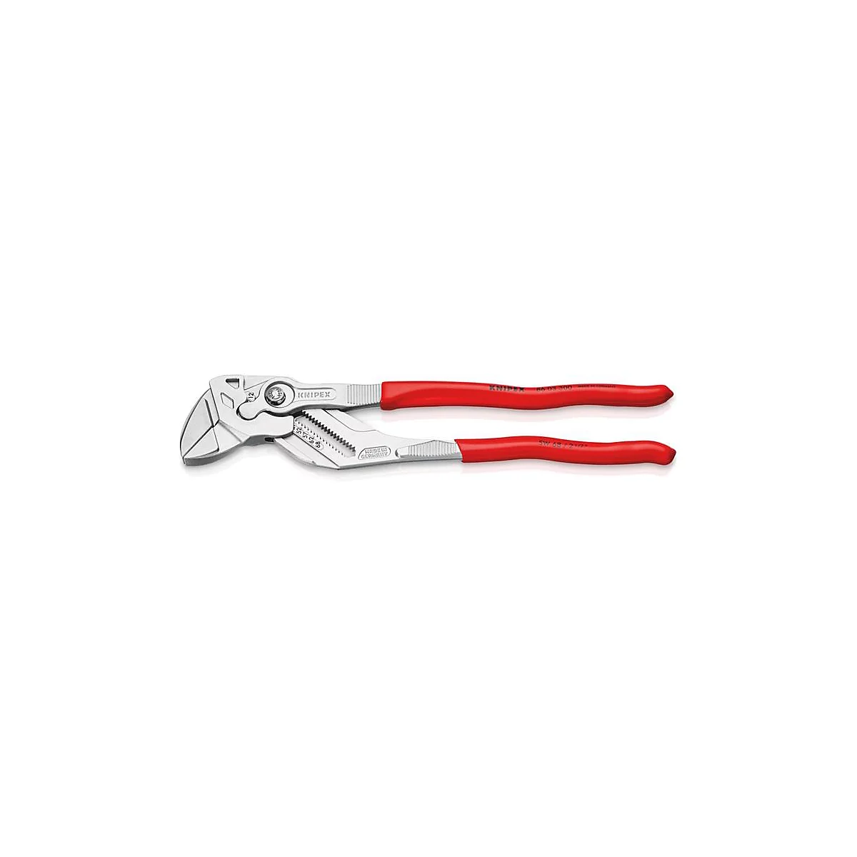 Pince avec poignées rouges et tête argentée. La marque Knipex est sur la tête.